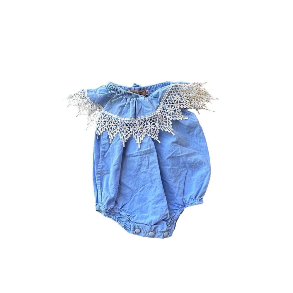 Rorychen Baby Blue Lace Trim Bubble Romper Sunsuit Size 80 Snaps Summer Boho